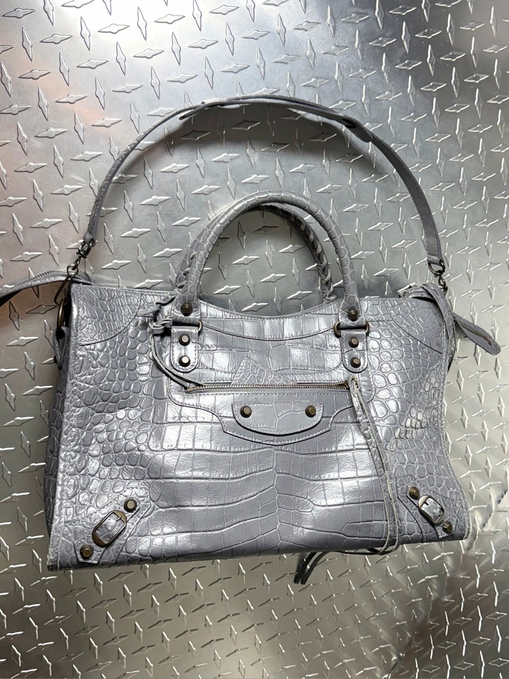 Balenciaga Croc Embossed Moto Medium City Bag in Grey - Picture 3 of 10